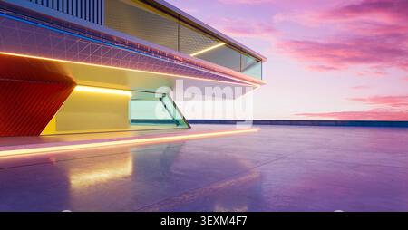 Futuristic building featuring neon lights, glass, and a large rooftop against a colorful sunset sky. 3d rendering Stock Photo