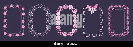 Cute lace frames with floral pattern, frills, bows and cherries, vector illustrations isolated on background. Vintage pink ribbons, coquette borders for romantic Valentine invitations, wedding cards Stock Vector
