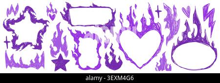 Fire doodle frames set with purple blazing flames isolated on white background. Vector realistic illustration of burning border and corner designs, round, star and heart shape sketch elements Stock Vector