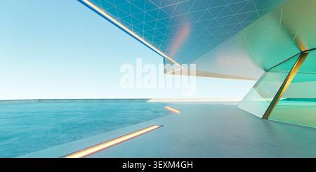 Abstract 3d rendering showing contemporary building lines, bright sky, and illuminated path Stock Photo
