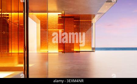 Modern architectural design with glass walls and brick details overlooking the ocean at sunset. 3d rendering Stock Photo