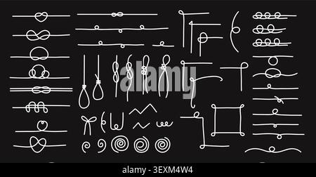 White Line Text Dividers and Decorative Corners Set on Black. Minimalist Dark Mode Page Borders, Vignette Accent Lines, Wavy, Angles, Knots, and Swirl Stock Vector