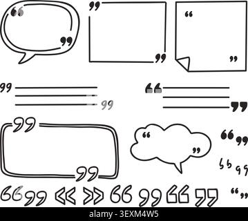 Quote Boxes and Quotation Marks Doodle Set. Minimalist Speech Bubbles, Blank Text Templates for Testimonials, and Citation Borders Collection. Vector Stock Vector