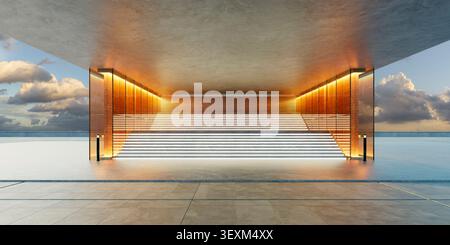 3d rendering of contemporary architecture featuring glowing steps and a panoramic sky Stock Photo