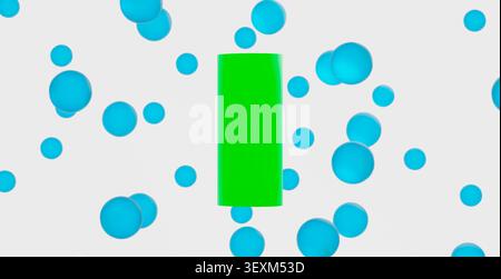 Green cylinder stands central surrounded by many floating blue spheres on a white background. 3d rendering Stock Photo