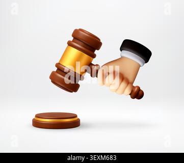 3D Hand holding gavel striking sounding block Stock Vector