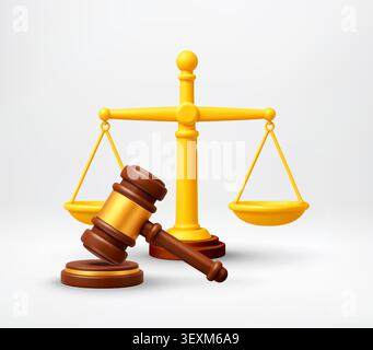 3D Scales of justice and wooden judge gavel. Stock Vector