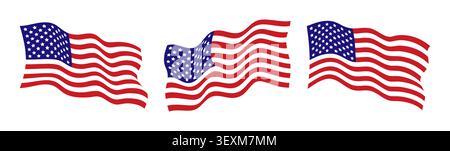 Collection of waving American flags in different realistic shapes isolated on white background. Patriotic national symbols for holidays, banners and Stock Vector