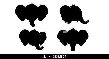 Black Silhouette Vector Set of Elephant Head and Face Front View Icons Stock Vector