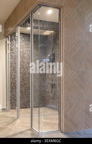 glass shower and steam room enclave featuring dark mosaic tile interior and a geometric wooden wall pattern in a luxury spa Stock Photo