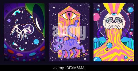 Groovy poster set with psychedelic retro design. Vector illustration of vintage banners with cat and cow in space helmet, alien ufo, eyes, crazy skull on space starry background, creative y2k pattern Stock Vector