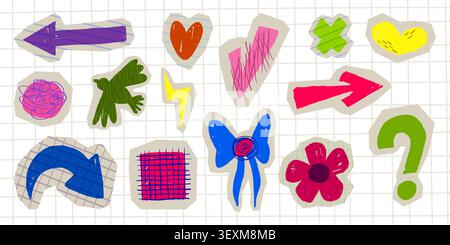 Cute paper sticker set icons isolated on white background. Vector realistic illustration of hand drawn color crayon heart, bow, lightning, flower, question , check mark sign on cut notebook sheet Stock Vector