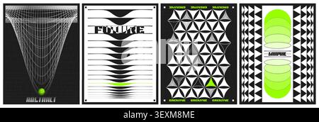 Abstract geometric brutalist y2k posters, black white pattern. Vector realistic illustration of retro banners with distorted wireframe composition, cyberpunk design graphics, futuristic 3d flyers Stock Vector