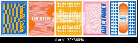 Abstract geometric brutalist y2k posters, color mosaic pattern. Vector realistic illustration of retro banners with distorted shapes, cyberpunk design graphics, futuristic 3d flyers, primitive arts Stock Vector