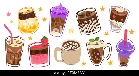Chocolate drink set isolated on white background. Vector cartoon illustration of hand drawn sweet cocoa beverages in glass and cup with cream, strawberry and mint, cafe dessert menu design elements Stock Vector