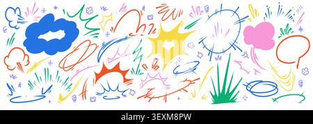 Dynamic comic speed lines set isolated on white background. Vector cartoon illustration of active motion effects, doodle wind, jump, explosion, fly trails, fast action emphasis design elements Stock Vector