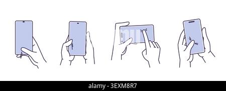 Hand holding smartphone with finger touching screen. Set of vector icons with person tapping and scrolling mobile device screen, simple sketch for app design, digital communication technology symbol Stock Vector