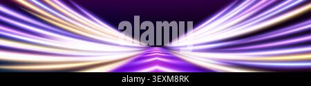 High speed motion blurred lines, neon racing car trails on dark background. Abstract vector road, night highway, glowing purple light streaks with dynamic speed effect, perspective tunnel banner Stock Vector