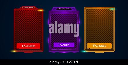 Color HUD frames set for tech game ui design. Vector realistic illustration of futuristic holographic screens, team or player data background, sci-fi dashboard layout, digital interactive panels Stock Vector