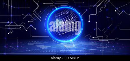 Neon Earth's globe with glowing blue network lines and motion effect, abstract vector background. 3d world map visualization with arrows, connected data points, digital sphere for technology design Stock Vector