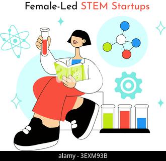 Female Led STEM Startups Illustration Featuring Women in Science, Technology, Engineering, Innovation, Research, Entrepreneurship, and Leadership Stock Vector