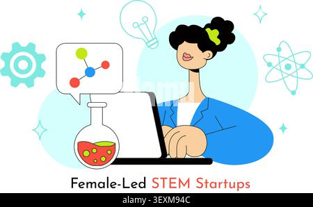 Female Led STEM Startups Illustration Featuring Women in Science, Technology, Engineering, Innovation, Research, Entrepreneurship, and Leadership Stock Vector