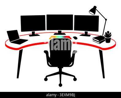 Modern computer workstation with triple monitors and chair Stock Vector