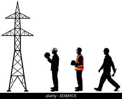 Electrical engineers and high voltage power pylon silhouette Stock Vector