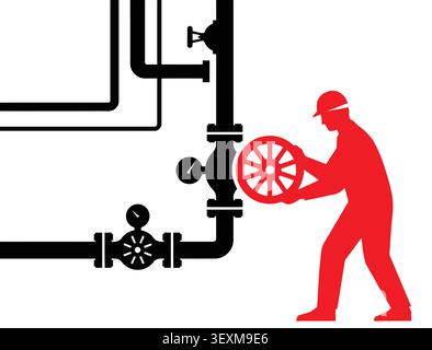 Industrial worker operating pipe valve silhouette graphic Stock Vector