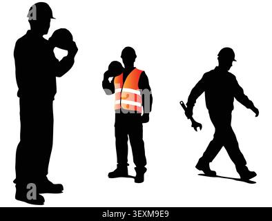 Silhouettes of construction workers with safety gear and tools Stock Vector