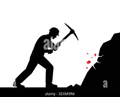 Silhouette of a miner digging in a dark underground tunnel Stock Vector