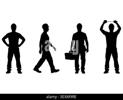 Set of construction worker silhouettes in various poses Stock Vector
