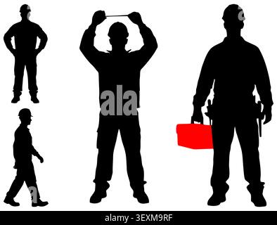 Construction worker silhouettes with hard hats and equipment Stock Vector