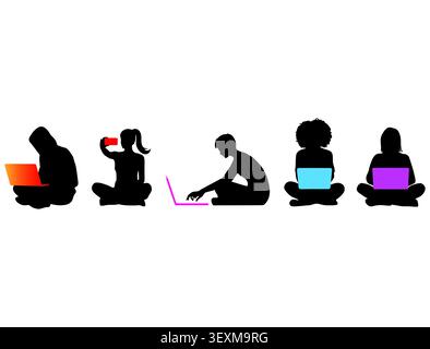 Silhouettes of diverse people sitting and using laptops Stock Vector