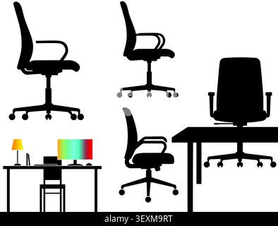 Office workspace interior set with desk and chairs, furniture Stock Vector