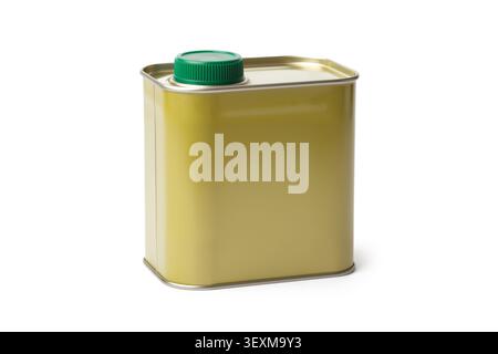 Yellow-green rectangular olive oil tin can featuring a green plastic cap and handle, captured from a front view with soft ambient light. Stock Photo