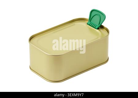 3d rendering of a rectangular yellow-green tin can with a green handle cap, shown in an isometric view with diffused ambient lighting. Stock Photo