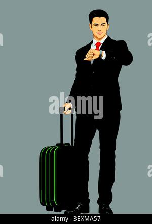 Businessman holding luggage checking wristwatch, preparing for a business trip Stock Vector