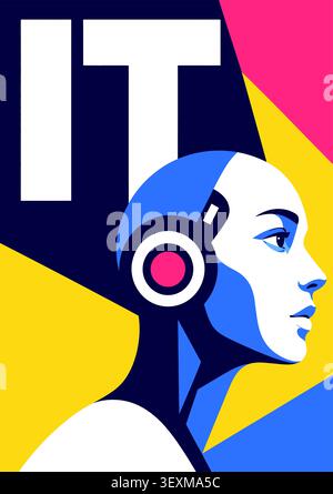 Cyborg head profile wearing headphones, representing ai, technology, and future concepts Stock Vector