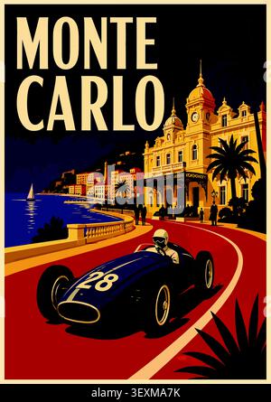 Retro poster art depicting a classic race car on the monte carlo circuit Stock Vector