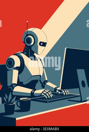 Robot typing on a keyboard at a desk with a computer monitor, coffee cup, and plant. Stock Vector