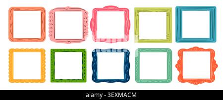 Simple kid photo frame vector collection in hand drawn style. Painting doodle border set. Squiggly and fun design. Vector realistic color illustration Stock Vector