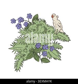 Textured vector illustration of a small cockatoo with a red beak perched on a green monstera plant Stock Vector