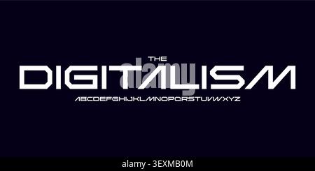 Futuristic techno logo font, sharp angular letters, wide digital font for sci-fi headline, HUD interface, cyberpunk poster, AI startup branding, space Stock Vector