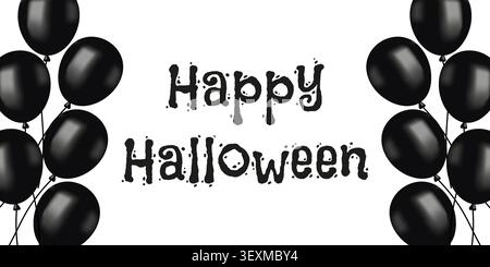 Happy Halloween text in dripping orange spooky font on black background with bats, festive seasonal design Stock Vector