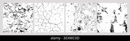 Set of four black-and-white cracked and weathered textures, distressed abstract surfaces resembling stone, concrete Stock Vector
