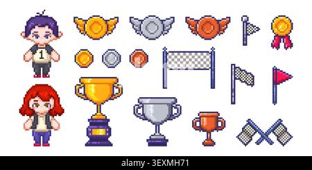 Pixel art sports icons with golden trophy cups and silver, bronze medals, award items. Retro 8-bit game vector elements isolated on white background, race flags, finish line, man and woman characters Stock Vector