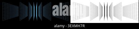 AI Y2K podium bg with Grid Lab blueprint, 3D arcade infographics. Gray game planes in isometric industrial zone. Parallel flat surface tile. Wireframe Stock Vector