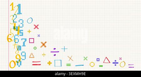 Hand drawn marker highlights, color numbers, vector school border with doodle or pixel font on grid paper background. Scribble frame, corner element for school notes with felt pen strokes texture Stock Vector