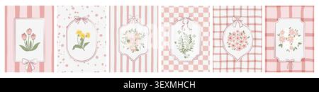 Vintage coquette floral frames with delicate ribbon bow, spring flowers bouquet, gingham background. Whimsical cottagecore pink design for Easter cards, wedding invitations, or greeting posters Stock Vector